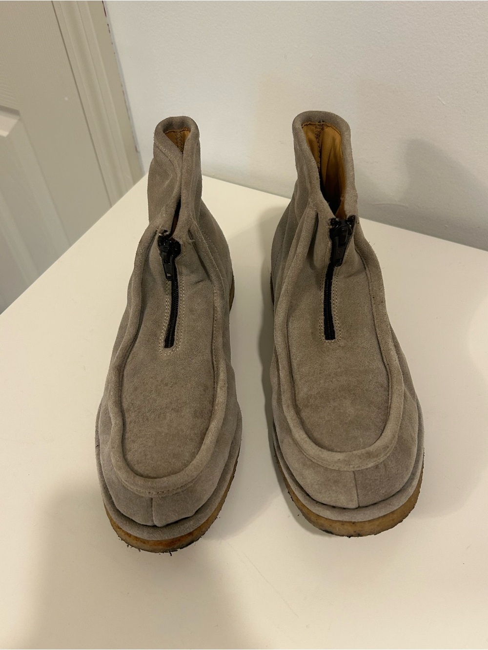 J. Crew Suede Front-Zip Ankle Booties in Taupe
